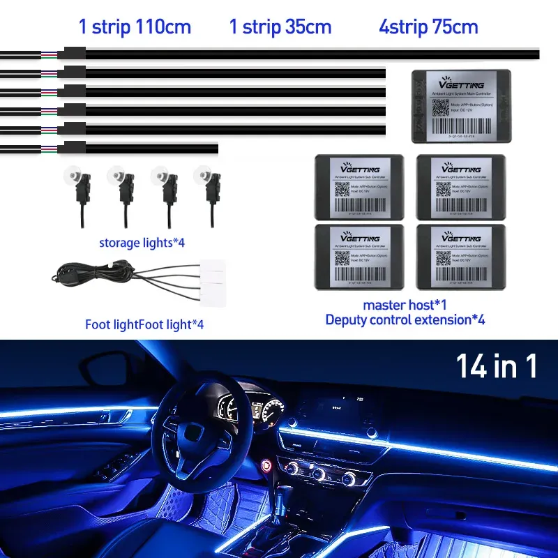 Bandeau LED RVB d'ambiance pour intérieur de voiture, 64 couleurs, bande acrylique dissimulée 8
