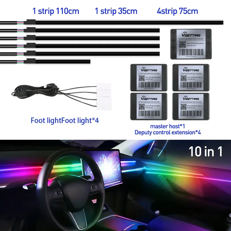 Bandeau LED RVB d'ambiance pour intérieur de voiture, 64 couleurs, bande acrylique dissimulée 9