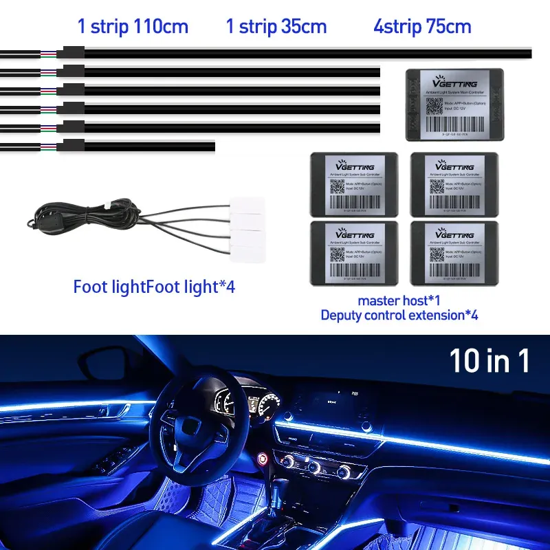 Bandeau LED RVB d'ambiance pour intérieur de voiture, 64 couleurs, bande acrylique dissimulée 12