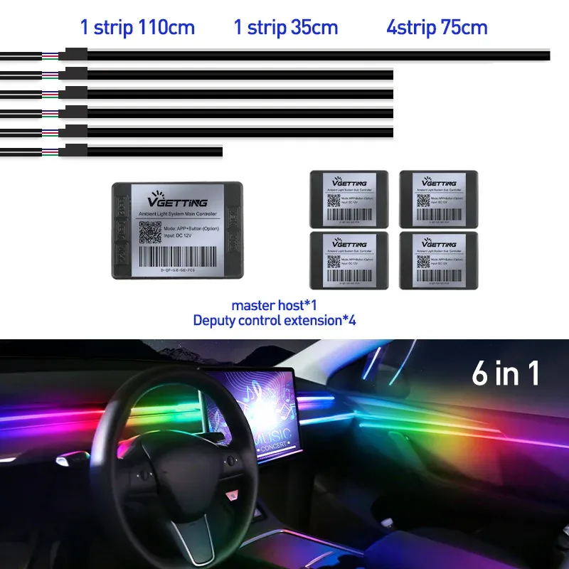 Bandeau LED RVB d'ambiance pour intérieur de voiture, 64 couleurs, bande acrylique dissimulée 13