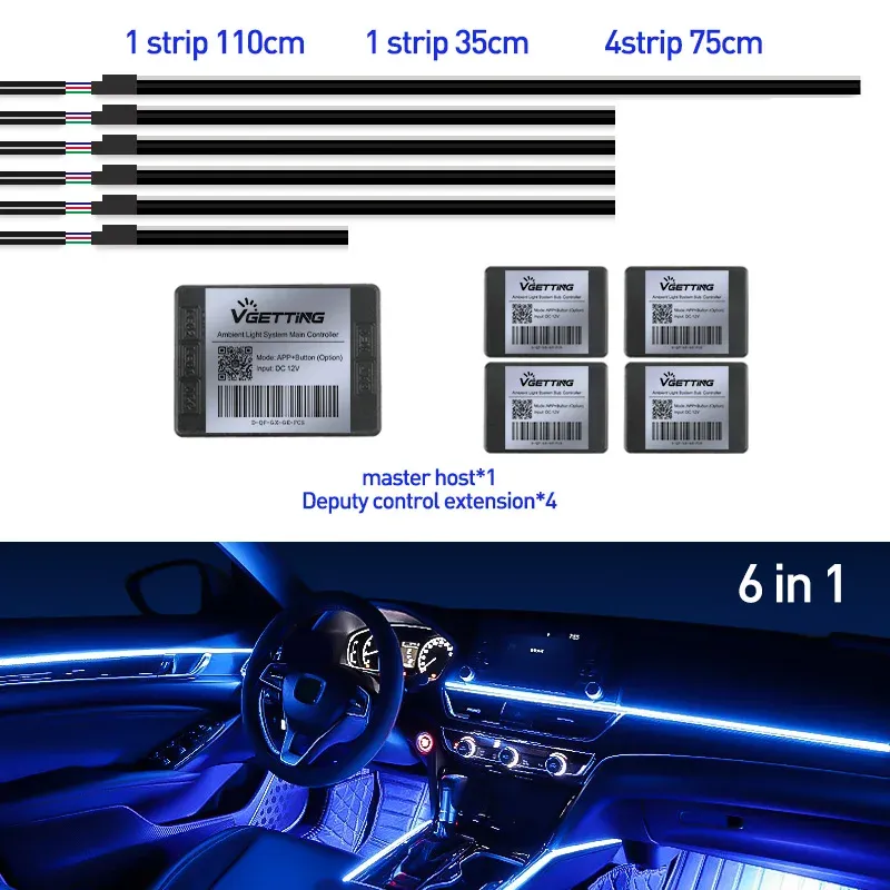 Bandeau LED RVB d'ambiance pour intérieur de voiture, 64 couleurs, bande acrylique dissimulée 14