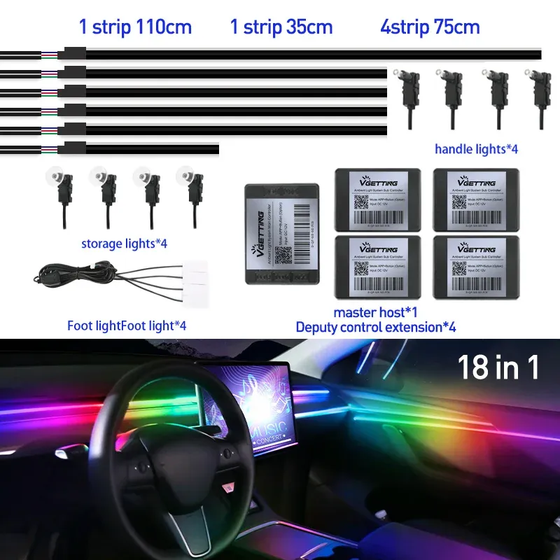 Bandeau LED RVB d'ambiance pour intérieur de voiture, 64 couleurs, bande acrylique dissimulée 10