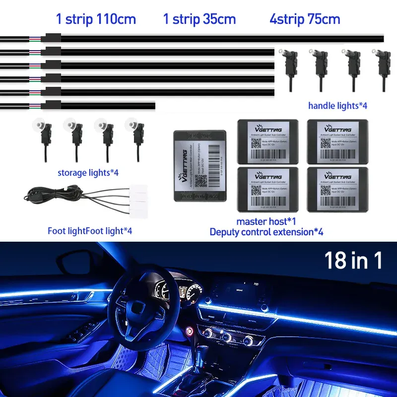 Bandeau LED RVB d'ambiance pour intérieur de voiture, 64 couleurs, bande acrylique dissimulée 11
