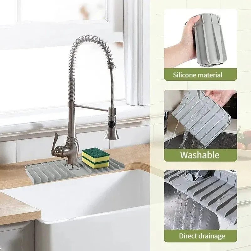 Tapis de robinet en silicone, porte-éponge et porte-savon, tapis de séchage pour comptoir, protection anti-éclaboussures pour évier de cuisine et salle de bains 3