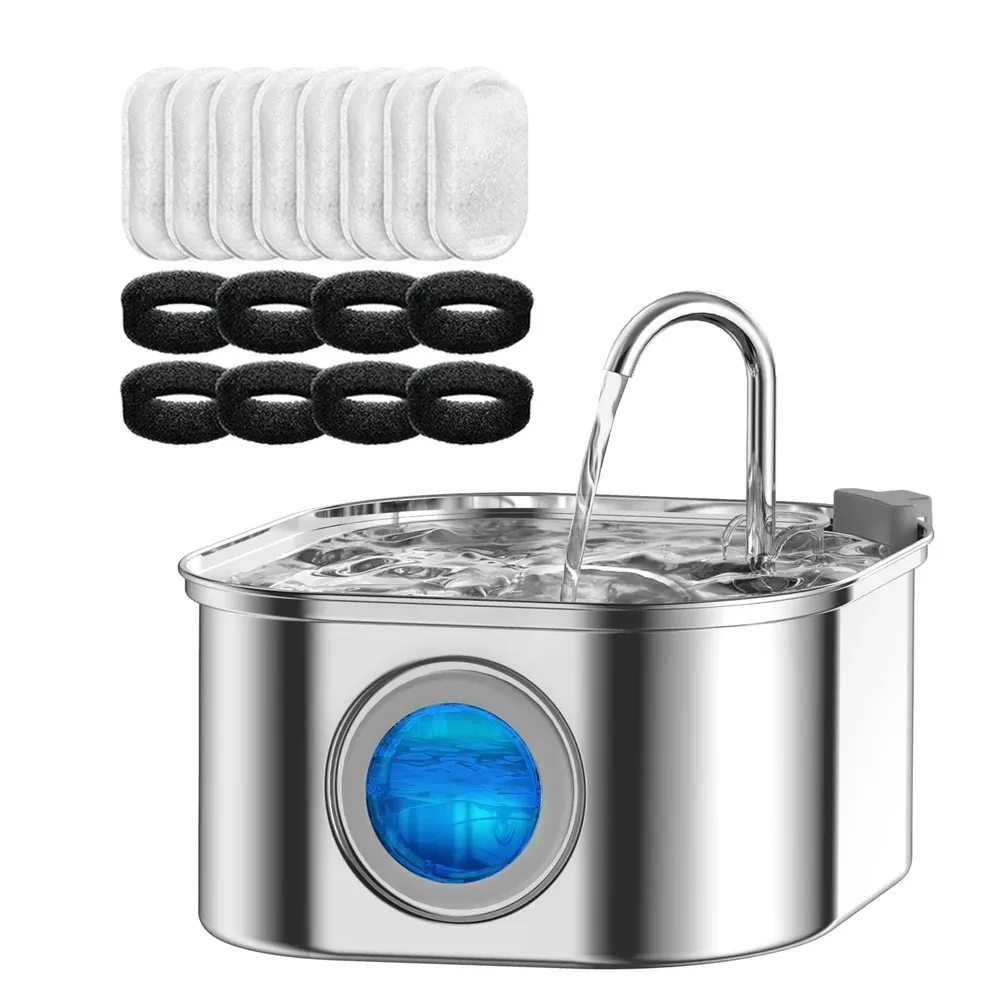 Fontaine à eau pour chats avec fenêtre transparente et capteur, 3,2 L / 108 oz, ultra silencieuse, filtre automatique pour animaux de compagnie, en acier inoxydable 2