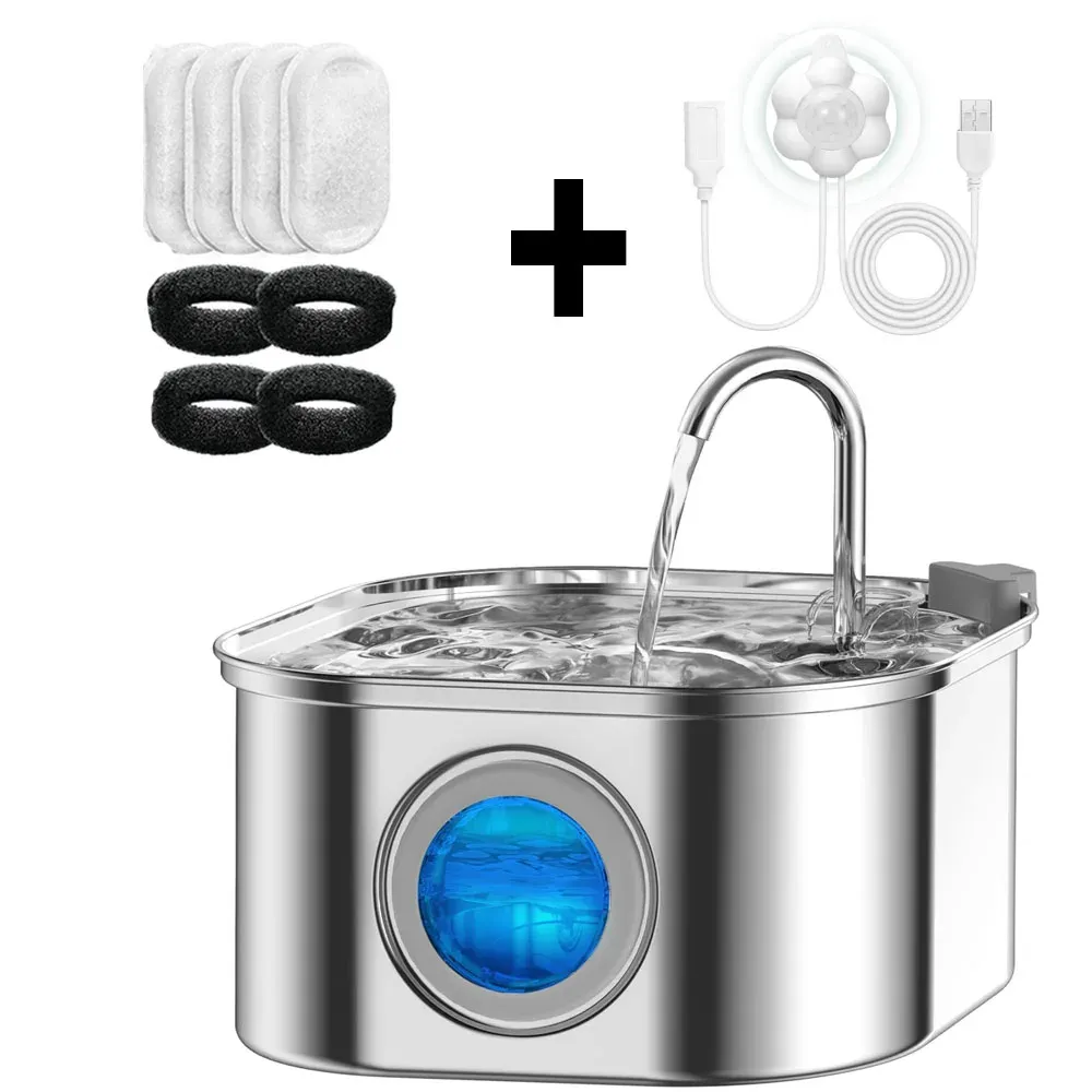 Fontaine à eau pour chats avec fenêtre transparente et capteur, 3,2 L / 108 oz, ultra silencieuse, filtre automatique pour animaux de compagnie, en acier inoxydable 3