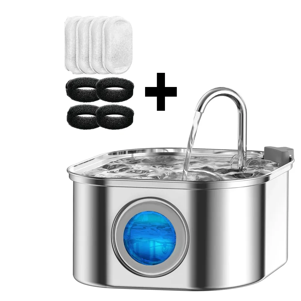 Fontaine à eau pour chats avec fenêtre transparente et capteur, 3,2 L / 108 oz, ultra silencieuse, filtre automatique pour animaux de compagnie, en acier inoxydable 4