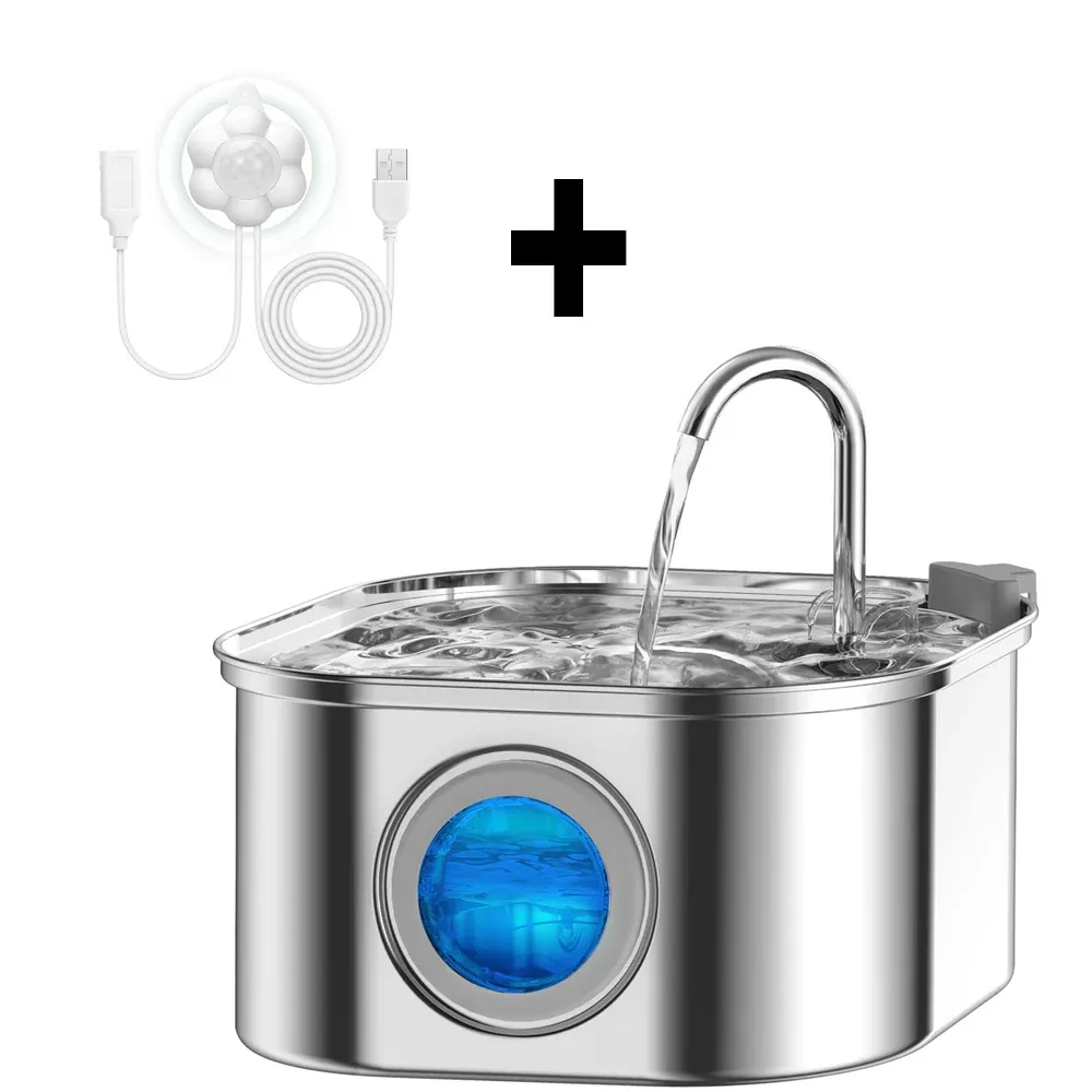 Fontaine à eau pour chats avec fenêtre transparente et capteur, 3,2 L / 108 oz, ultra silencieuse, filtre automatique pour animaux de compagnie, en acier inoxydable 5