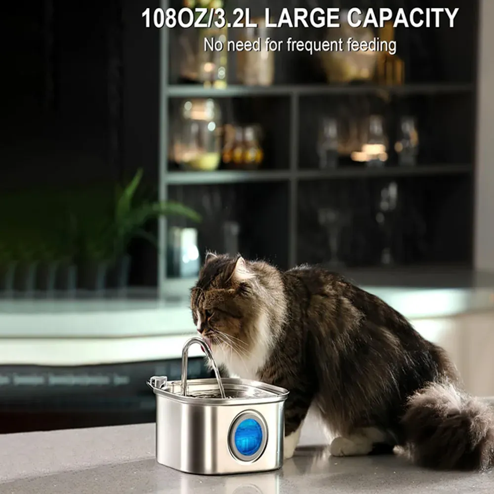Fontaine à eau pour chats en acier inoxydable avec fenêtre transparente