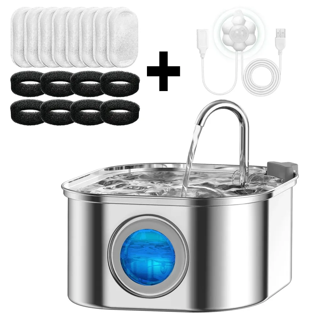 Fontaine à eau pour chats avec fenêtre transparente et capteur, 3,2 L / 108 oz, ultra silencieuse, filtre automatique pour animaux de compagnie, en acier inoxydable 7