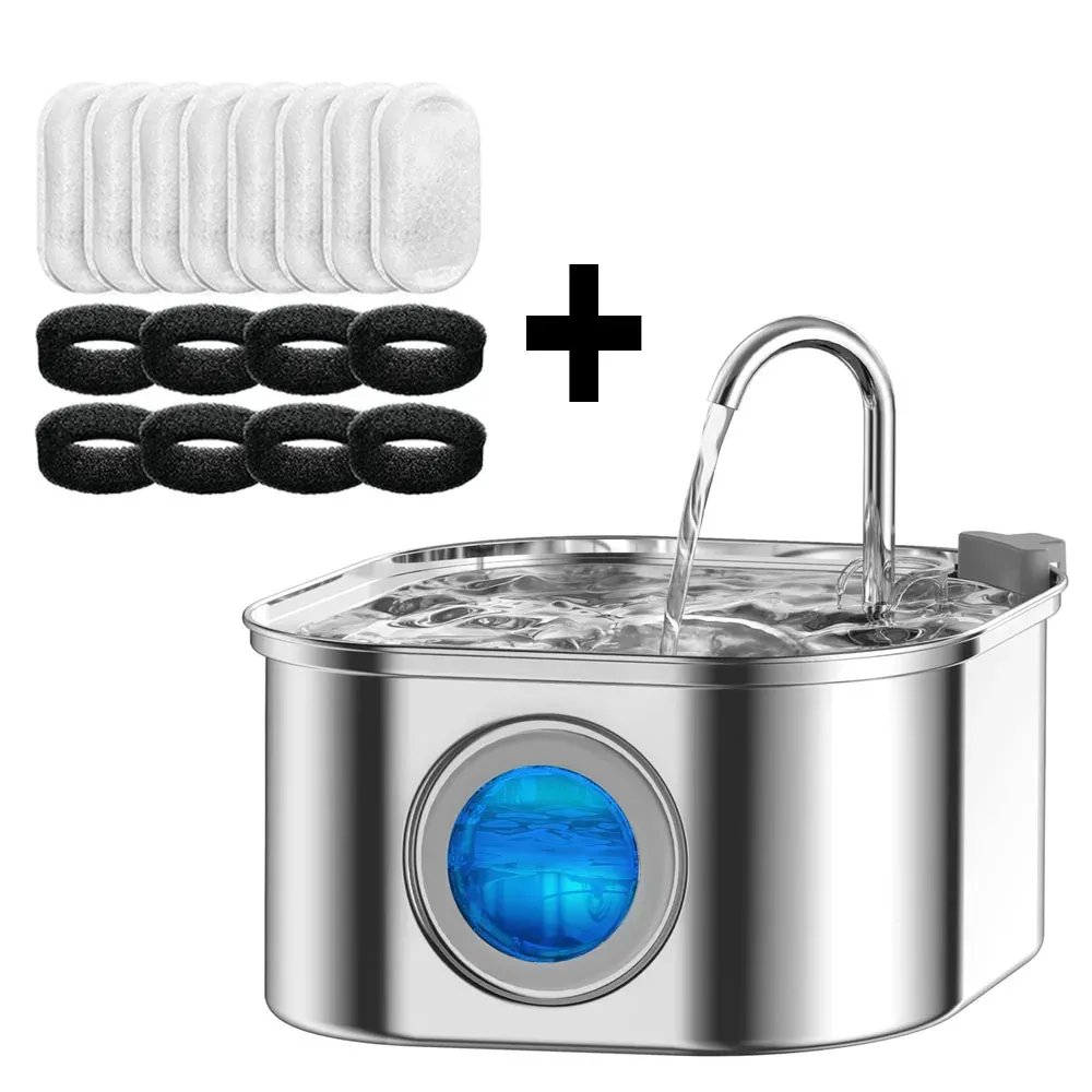 Fontaine à eau pour chats avec fenêtre transparente et capteur, 3,2 L / 108 oz, ultra silencieuse, filtre automatique pour animaux de compagnie, en acier inoxydable 9