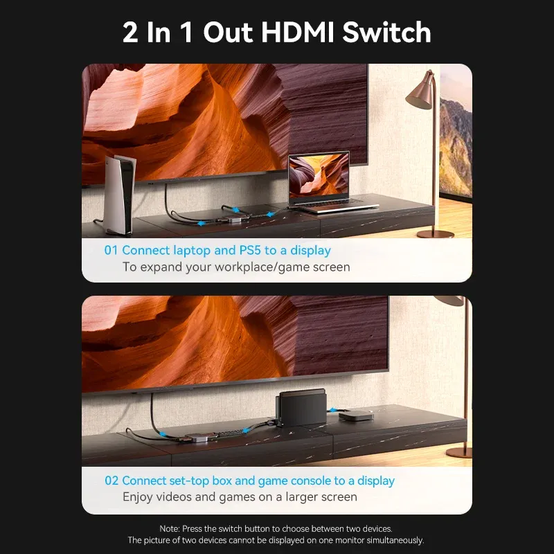 Vention – Répartiteur HDMI 2.1, 8K, 60 Hz, 4K 120 Hz, bidirectionnel, 2 en 1, compatible TV, Xiaomi, Xbox, PS4, PS5 et moniteurs HDMI, commutateur HDMI 2