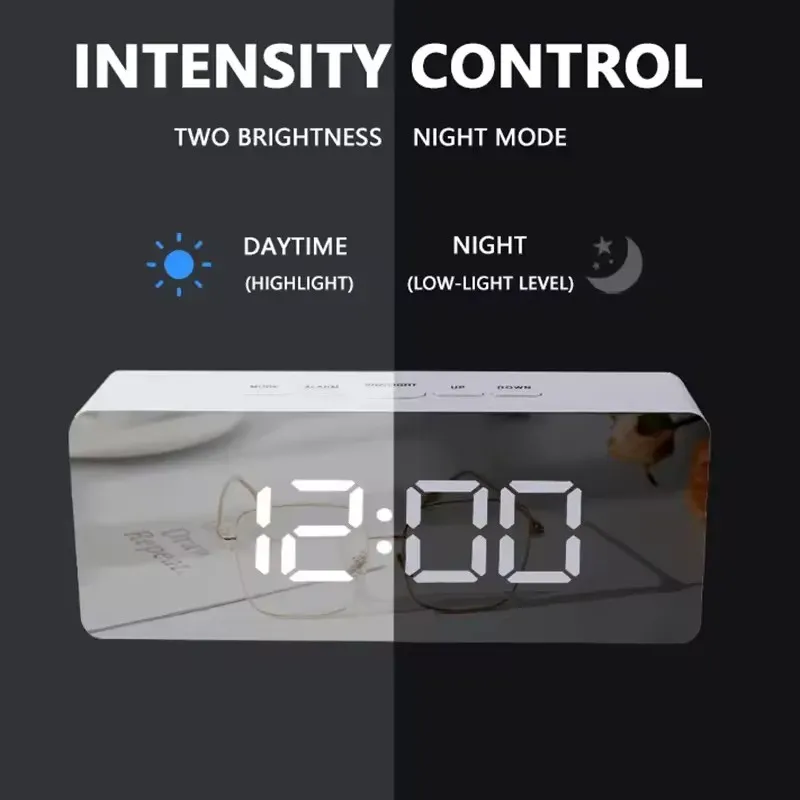 Réveil numérique LED miroir avec affichage de la température et veilleuse intelligente pour chambre à coucher, coiffeuse et bureau 5