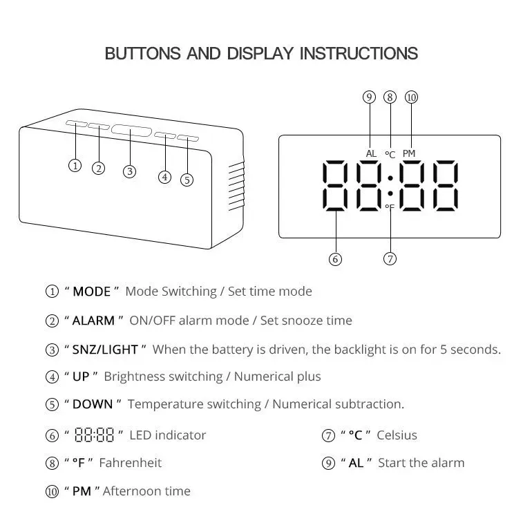 Réveil numérique LED miroir avec affichage de la température et veilleuse intelligente pour chambre à coucher, coiffeuse et bureau 6