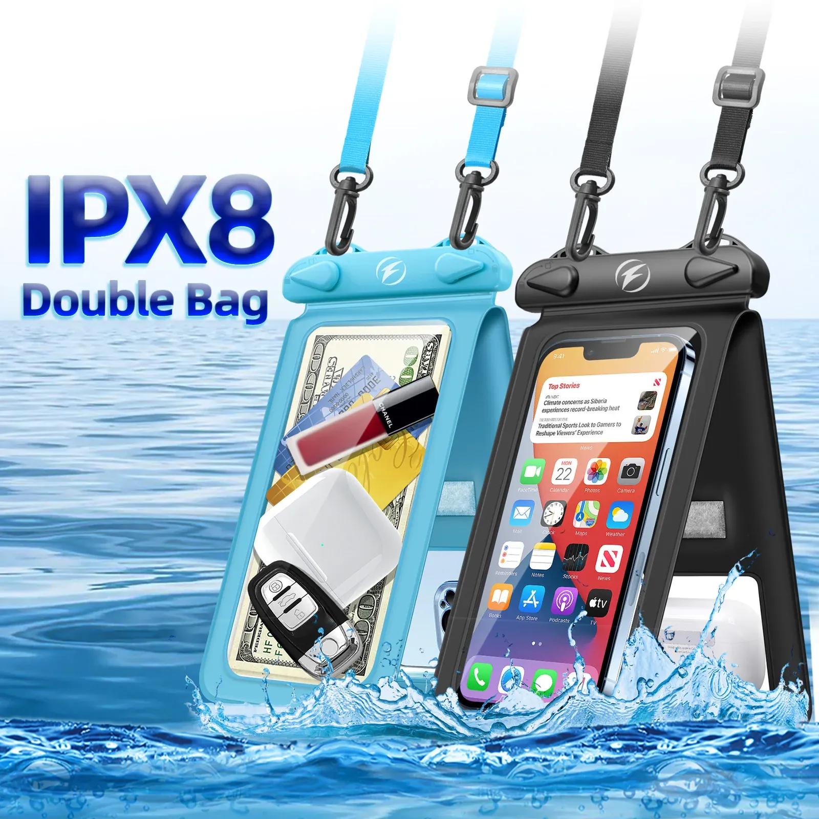 Pochette étanche en PVC pour smartphone, sac de plongée à double poche compatible iPhone, Samsung, Xiaomi et Huawei