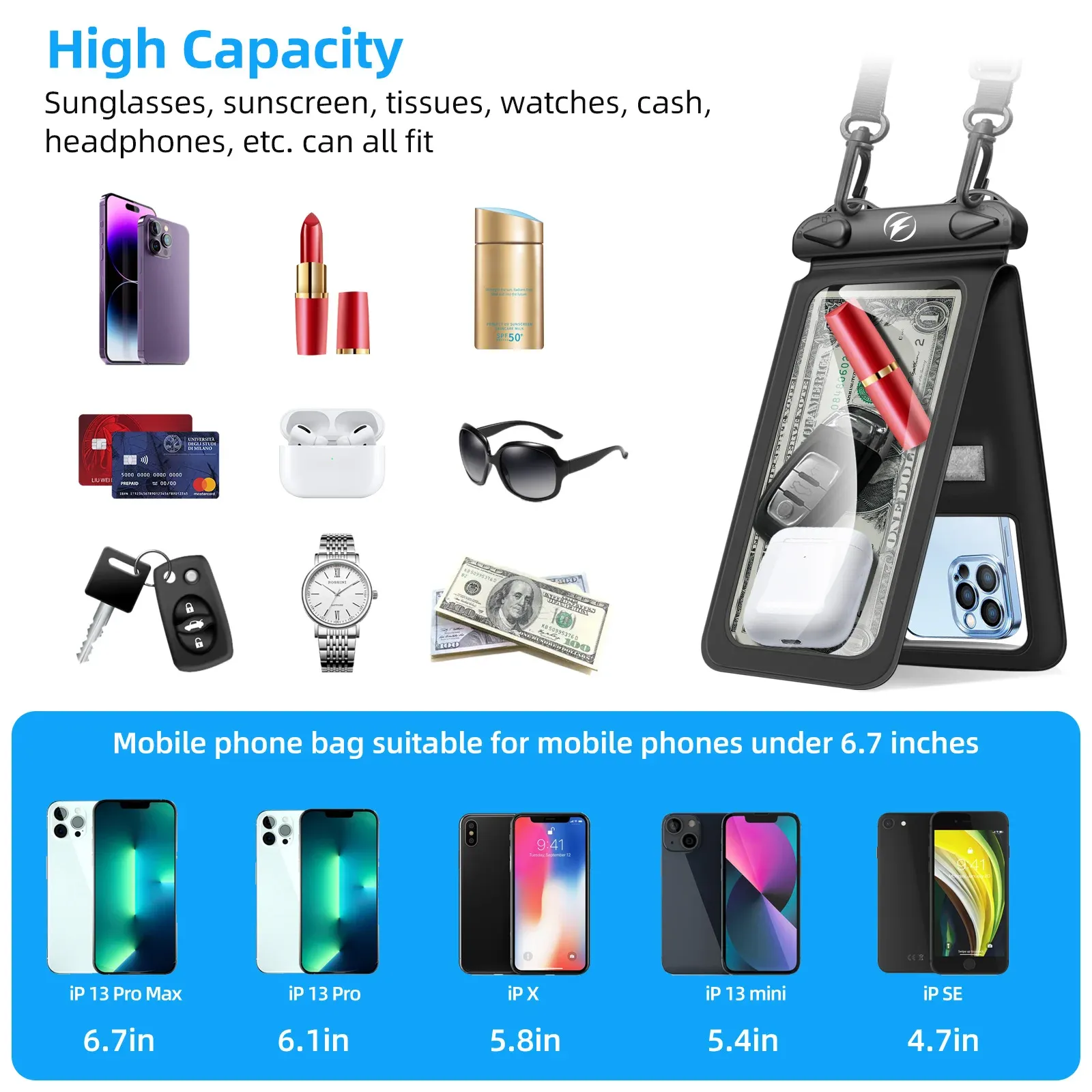 Pochette étanche en PVC pour smartphone, sac de plongée à double poche compatible iPhone, Samsung, Xiaomi et Huawei 5