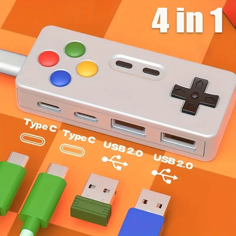 Hub USB 4 en 1 portable avec 2 ports USB-C et 2 ports USB pour souris, clavier et clé USB 4