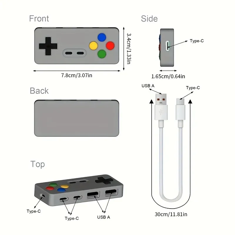 Hub USB 4 en 1 portable avec 2 ports USB-C et 2 ports USB pour souris, clavier et clé USB 5