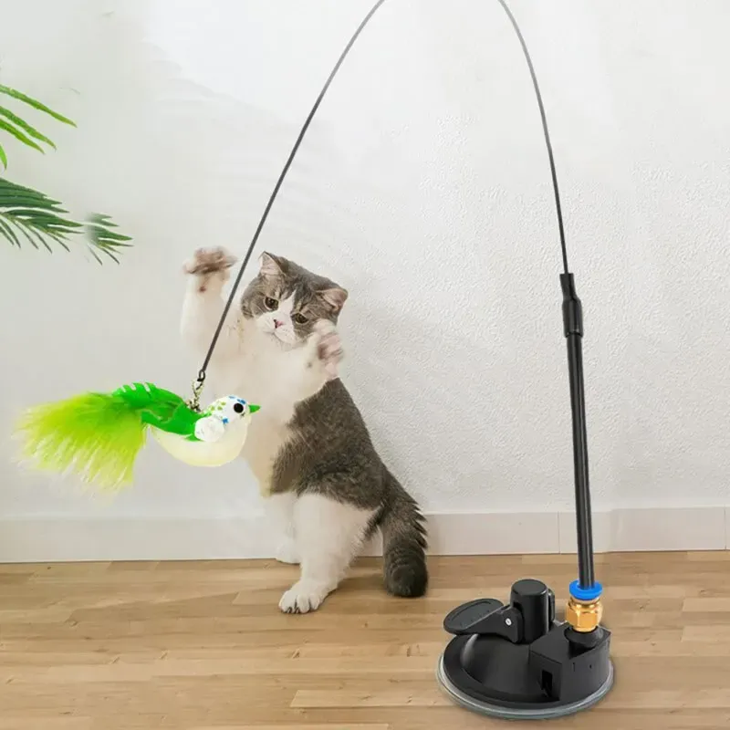 Jouet interactif pour chat à ventouse, simulant un oiseau avec cloche à plumes 6