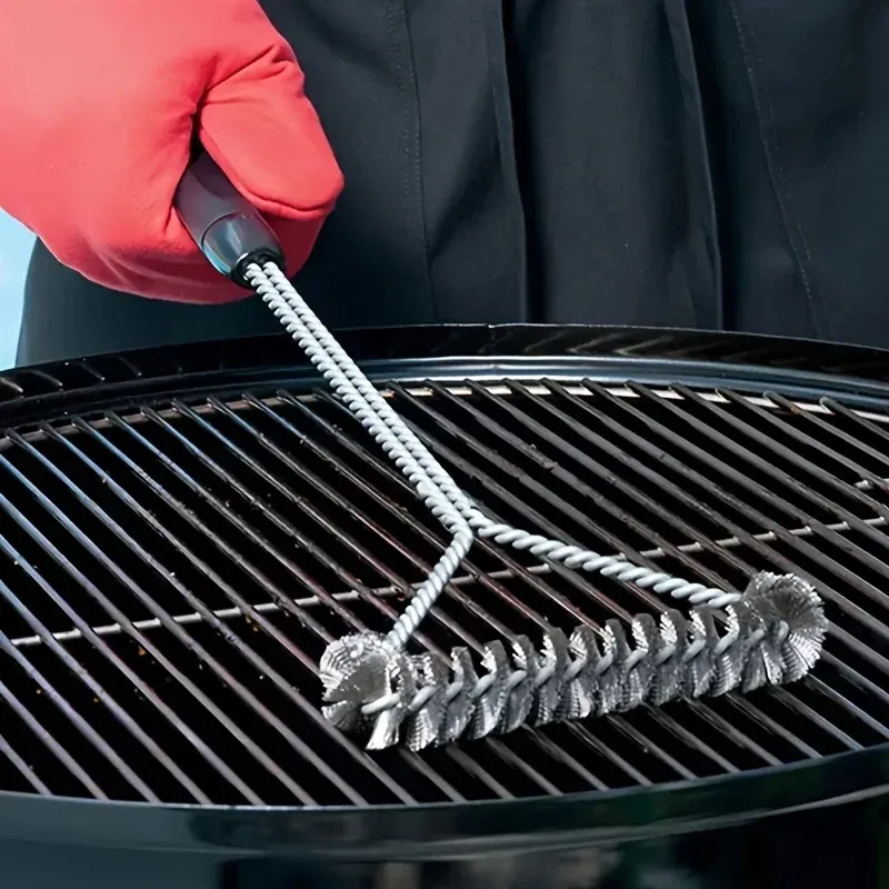 Brosse de nettoyage pour gril à long manche, poignée antiadhésive et poils en acier inoxydable, accessoire pour barbecue d'extérieur - Image 1