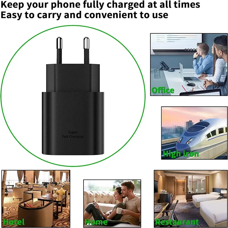 Chargeur mural USB-C rapide 25 W avec câble USB-C vers USB-C, compatible Samsung Galaxy et iPhone 6