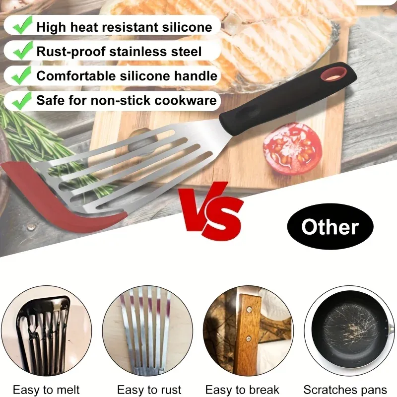 Spatule en silicone et acier inoxydable, spatule à poisson résistante aux hautes températures, spatule à steak pour la cuisine domestique 6