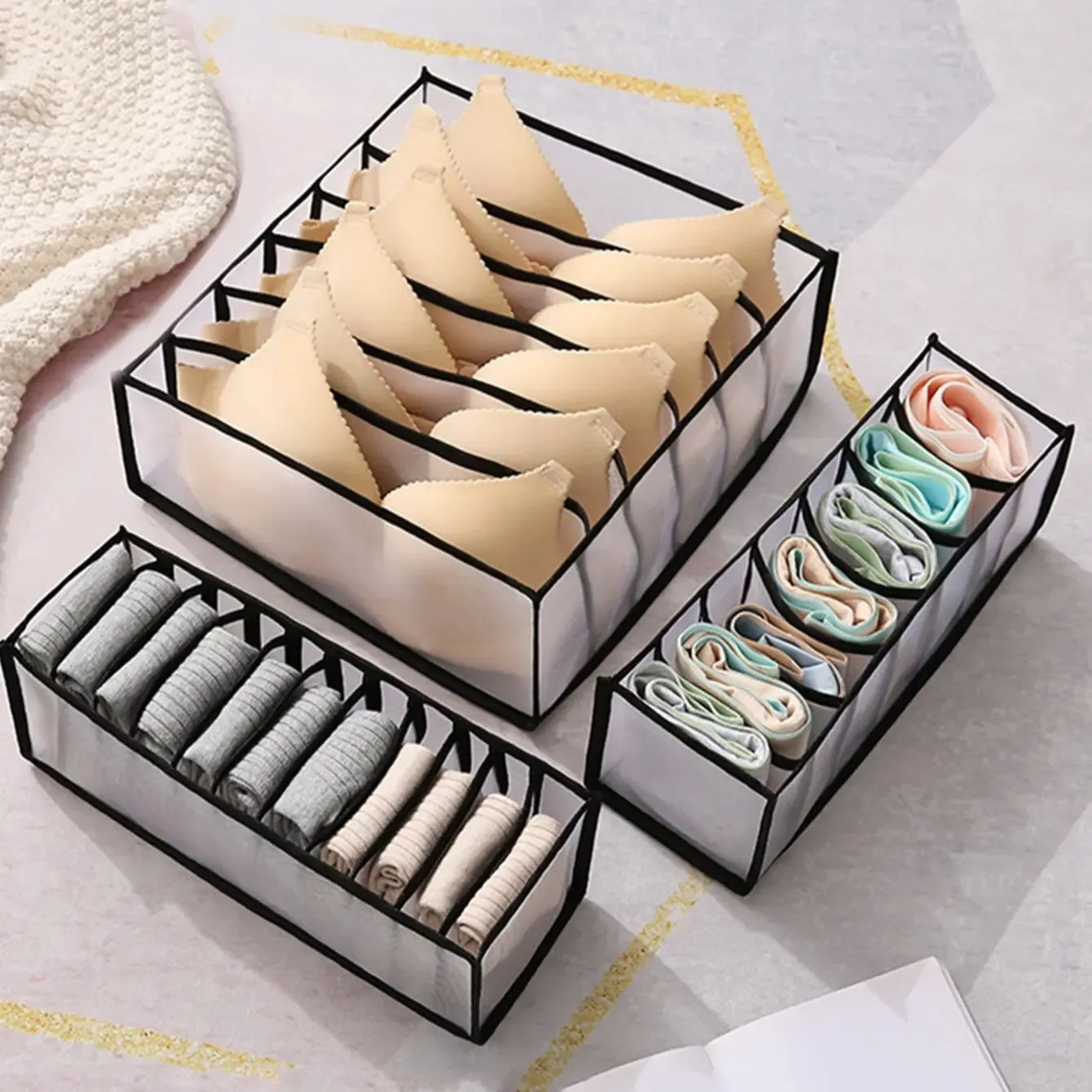 Organisateur de placard pliable pour chaussettes et sous-vêtements, boîte de rangement à compartiments séparés (7, 9 ou 11 grilles), 1 pièce 3