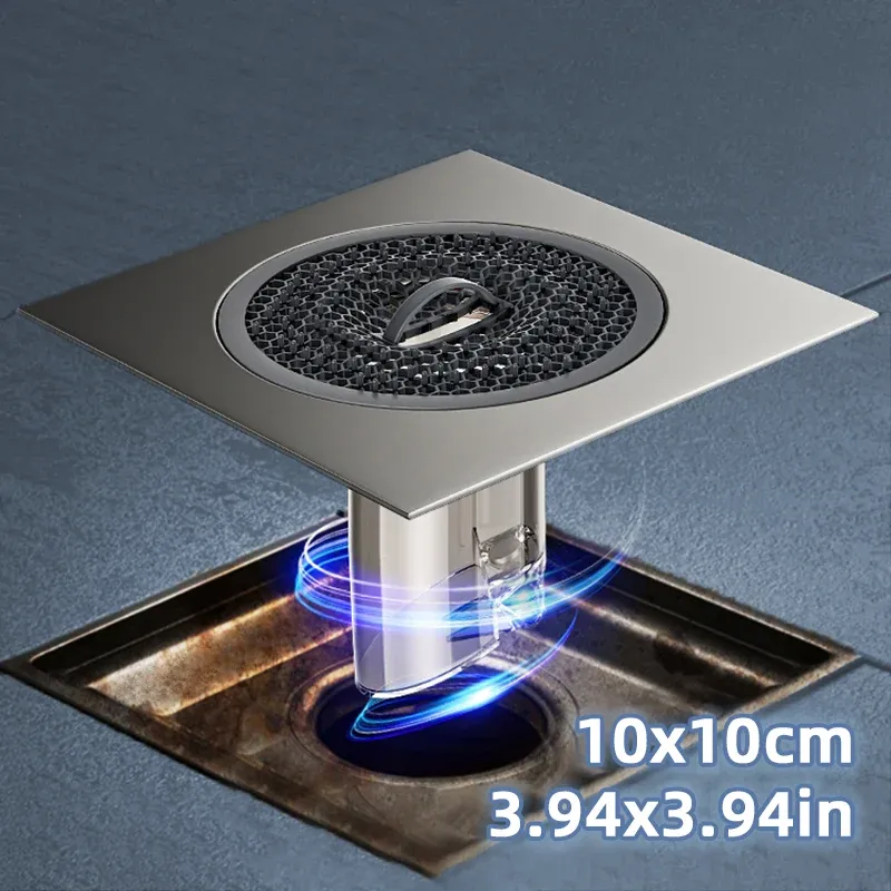 Noyau de vidange de sol carré 10 cm en acier inoxydable avec collecteur de cheveux et couvercle anti-odeurs gris