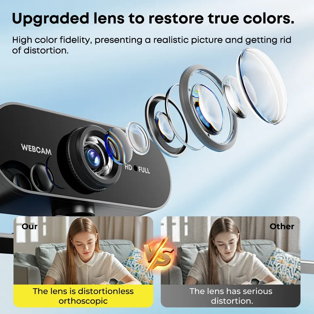 Webcam FHD 1080p avec microphone, caméra USB pour ordinateur portable et de bureau, grand angle pour cours en ligne et visioconférence, Live S 2