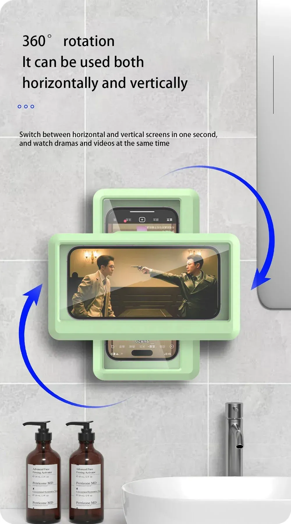Support de téléphone mural rotatif étanche pour douche, vue d'ensemble