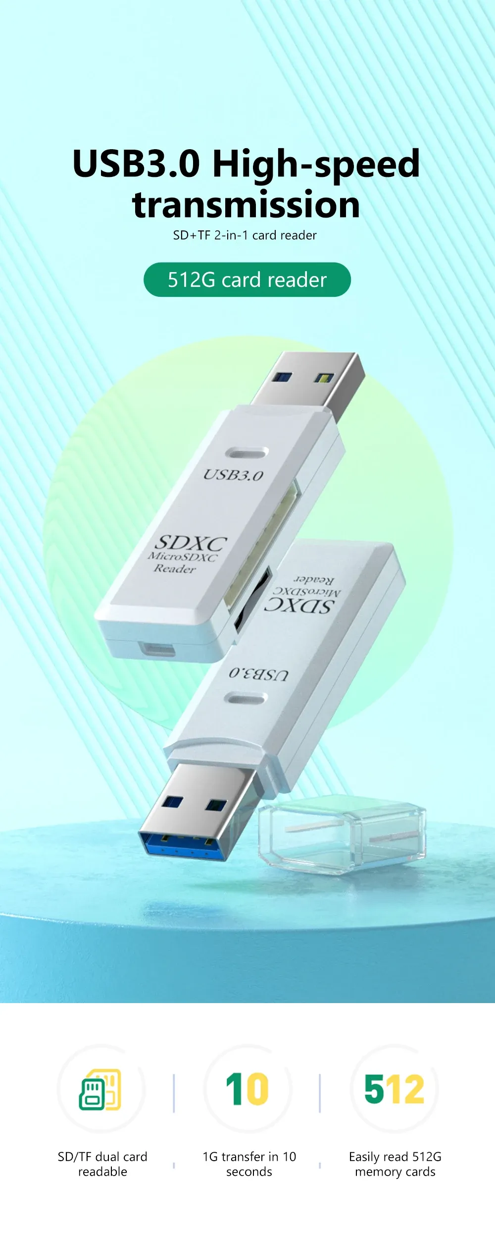 Lecteur de cartes mémoire 2 en 1 USB 3.0 - vue détaillée