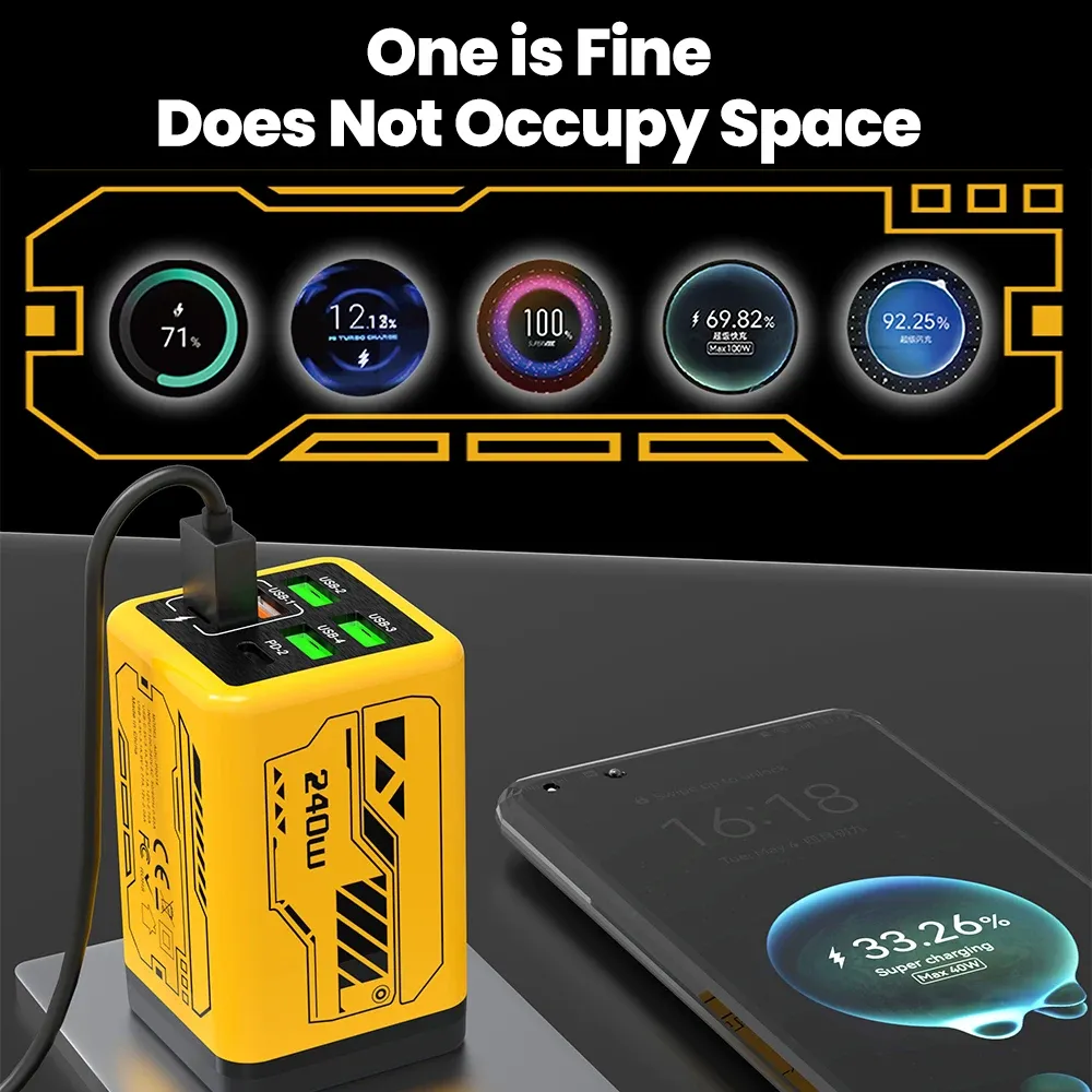 Chargeur de téléphone portable 240 W à 6 ports (4 USB + 2 USB-C), charge ultra rapide, compatible USB 3.0 et PD 3.0, prises UE/Royaume-Uni/États-Unis, pour iPhone 17, iPhone 16, Samsung et POCO 2