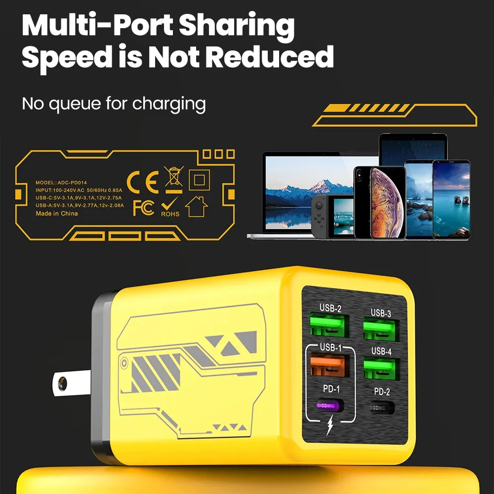 Chargeur de téléphone portable 240 W à 6 ports (4 USB + 2 USB-C), charge ultra rapide, compatible USB 3.0 et PD 3.0, prises UE/Royaume-Uni/États-Unis, pour iPhone 17, iPhone 16, Samsung et POCO 4