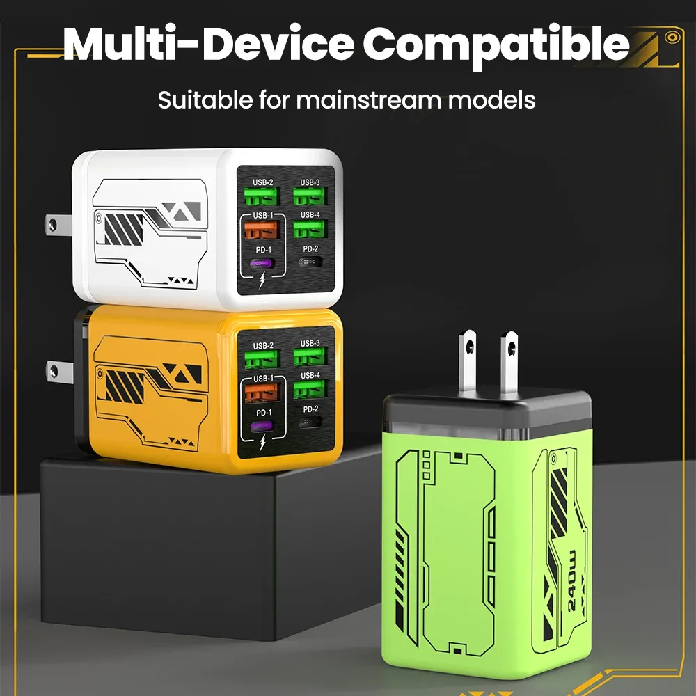 Chargeur de téléphone portable 240 W à 6 ports (4 USB + 2 USB-C), charge ultra rapide, compatible USB 3.0 et PD 3.0, prises UE/Royaume-Uni/États-Unis, pour iPhone 17, iPhone 16, Samsung et POCO 5