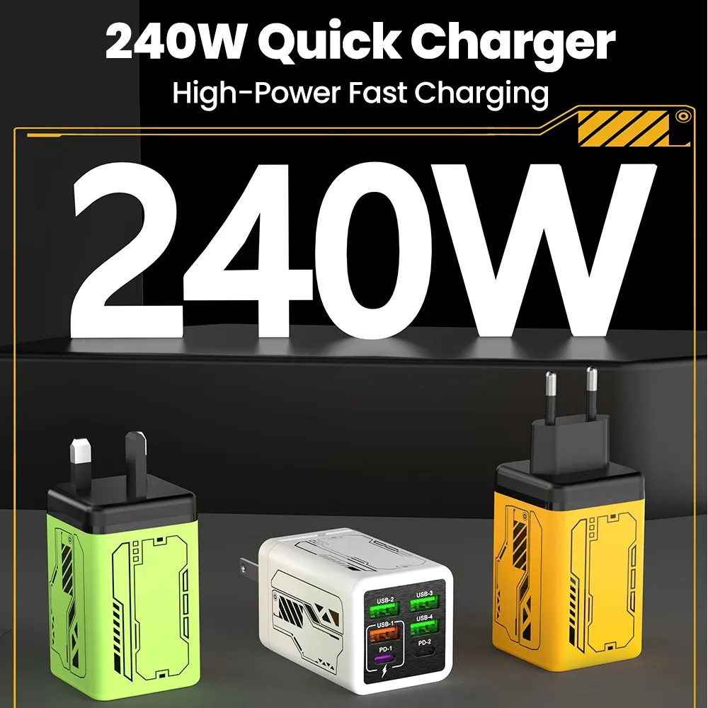 Chargeur de téléphone portable 240 W à 6 ports (4 USB + 2 USB-C), charge ultra rapide, compatible USB 3.0 et PD 3.0, prises UE/Royaume-Uni/États-Unis, pour iPhone 17, iPhone 16, Samsung et POCO 6