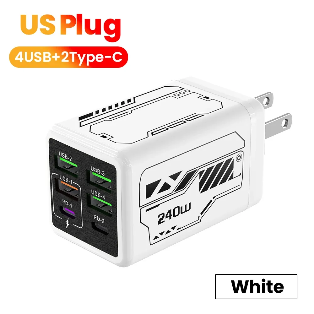 Chargeur de téléphone portable 240 W à 6 ports (4 USB + 2 USB-C), charge ultra rapide, compatible USB 3.0 et PD 3.0, prises UE/Royaume-Uni/États-Unis, pour iPhone 17, iPhone 16, Samsung et POCO 15