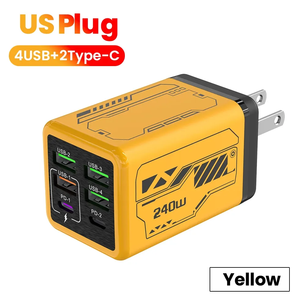 Chargeur de téléphone portable 240 W à 6 ports (4 USB + 2 USB-C), charge ultra rapide, compatible USB 3.0 et PD 3.0, prises UE/Royaume-Uni/États-Unis, pour iPhone 17, iPhone 16, Samsung et POCO 13