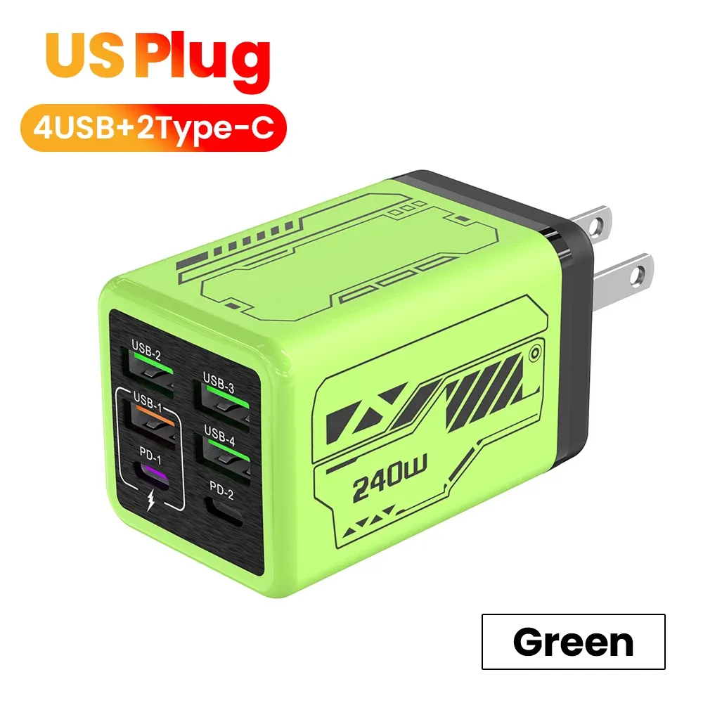 Chargeur de téléphone portable 240 W à 6 ports (4 USB + 2 USB-C), charge ultra rapide, compatible USB 3.0 et PD 3.0, prises UE/Royaume-Uni/États-Unis, pour iPhone 17, iPhone 16, Samsung et POCO 14