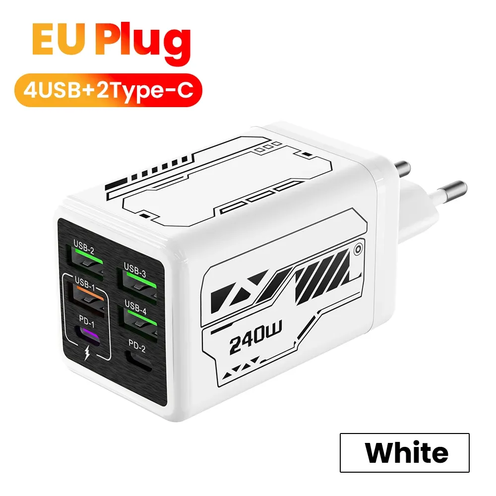 Chargeur de téléphone portable 240 W à 6 ports (4 USB + 2 USB-C), charge ultra rapide, compatible USB 3.0 et PD 3.0, prises UE/Royaume-Uni/États-Unis, pour iPhone 17, iPhone 16, Samsung et POCO 9