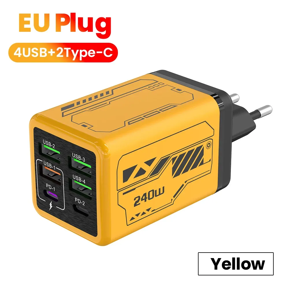 Chargeur de téléphone portable 240 W à 6 ports (4 USB + 2 USB-C), charge ultra rapide, compatible USB 3.0 et PD 3.0, prises UE/Royaume-Uni/États-Unis, pour iPhone 17, iPhone 16, Samsung et POCO 10