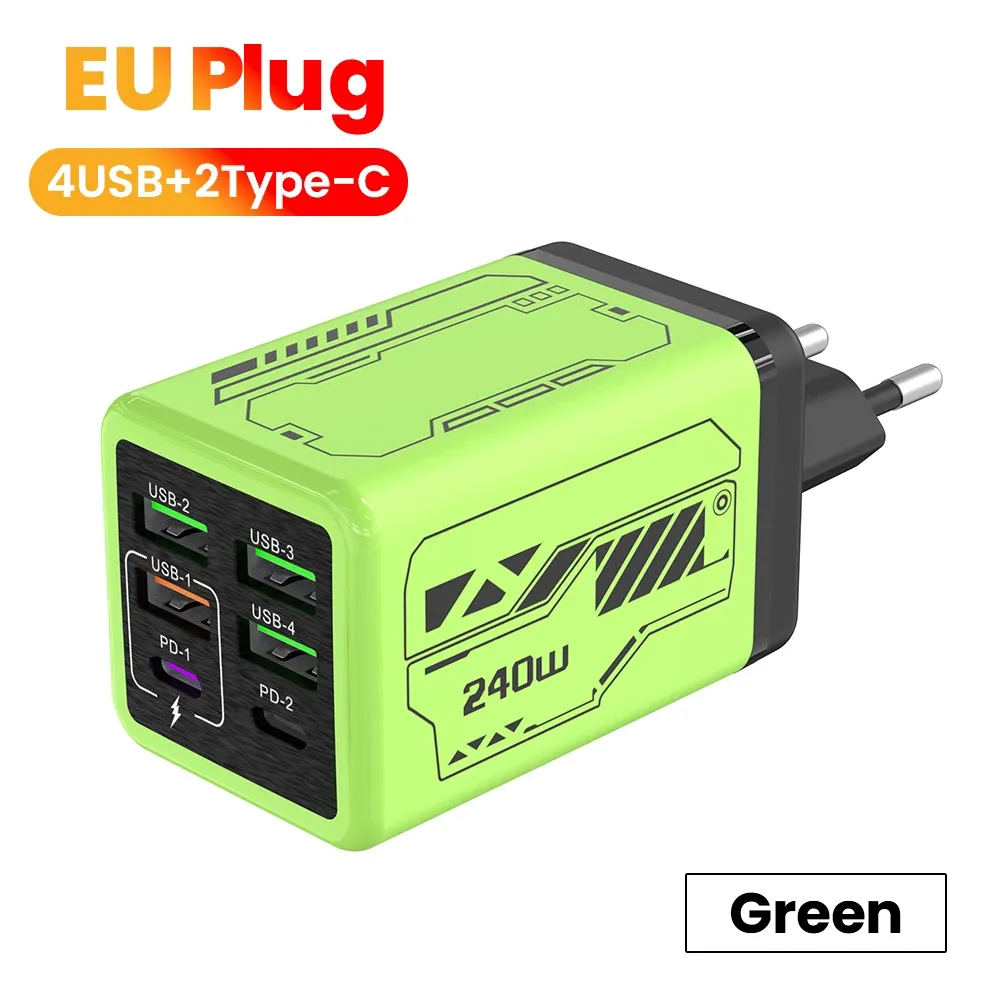 Chargeur de téléphone portable 240 W à 6 ports (4 USB + 2 USB-C), charge ultra rapide, compatible USB 3.0 et PD 3.0, prises UE/Royaume-Uni/États-Unis, pour iPhone 17, iPhone 16, Samsung et POCO 7