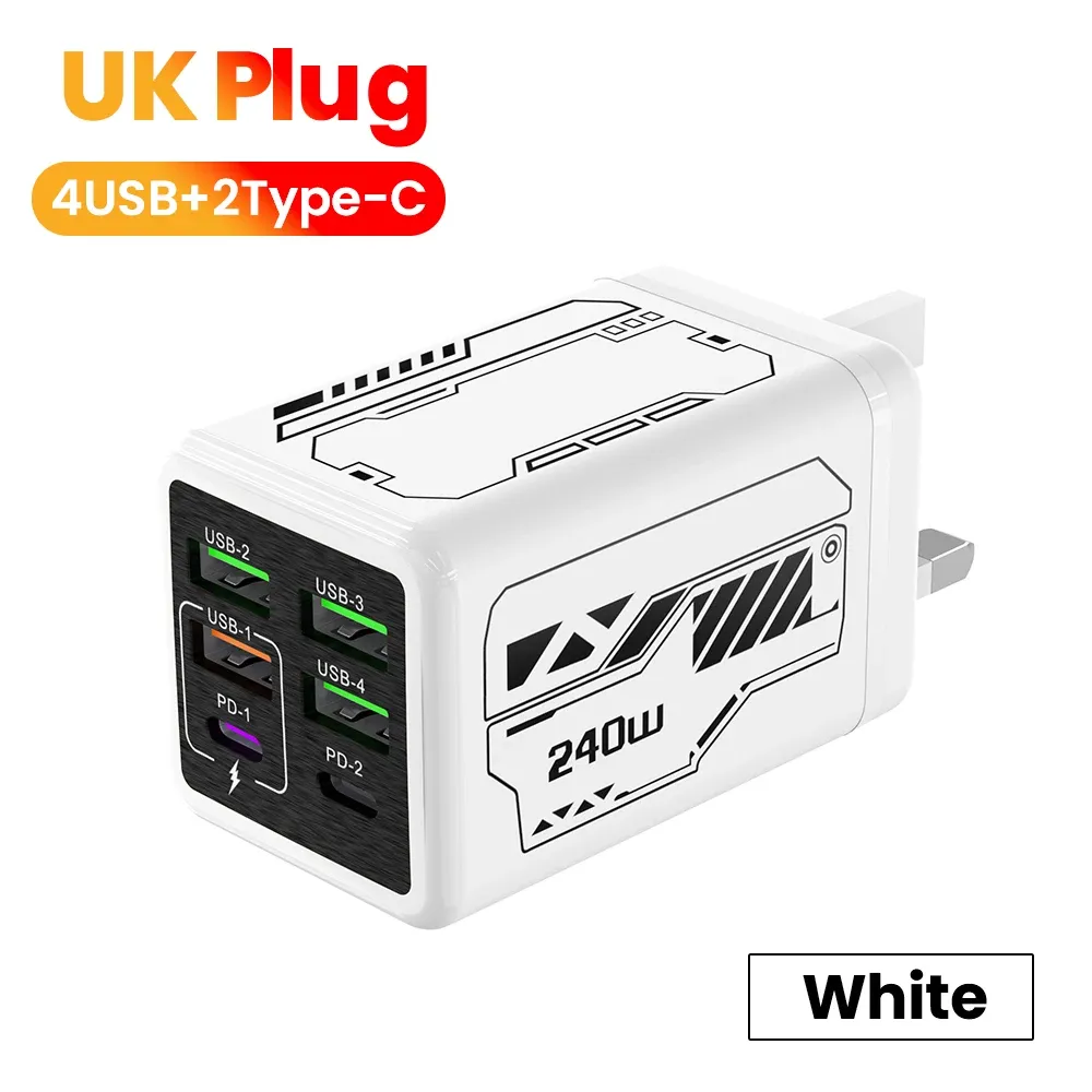 Chargeur de téléphone portable 240 W à 6 ports (4 USB + 2 USB-C), charge ultra rapide, compatible USB 3.0 et PD 3.0, prises UE/Royaume-Uni/États-Unis, pour iPhone 17, iPhone 16, Samsung et POCO 8