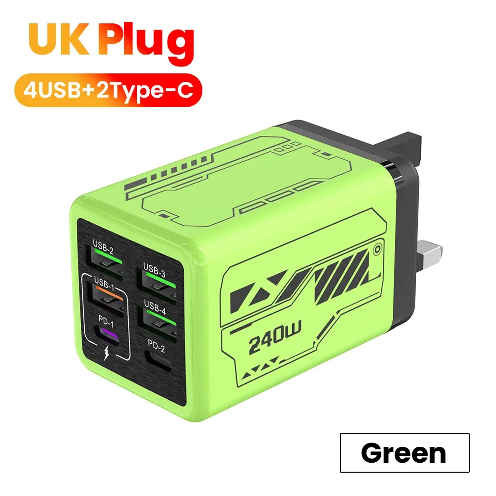 Chargeur de téléphone portable 240 W à 6 ports (4 USB + 2 USB-C), charge ultra rapide, compatible USB 3.0 et PD 3.0, prises UE/Royaume-Uni/États-Unis, pour iPhone 17, iPhone 16, Samsung et POCO 12