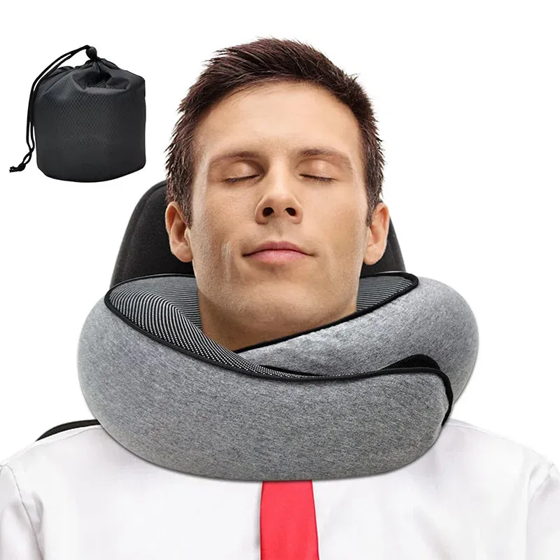 Oreiller de voyage en forme de U en mousse à mémoire de forme, design escargot, soutien cervical, portable, réglable, doux, idéal pour la sieste