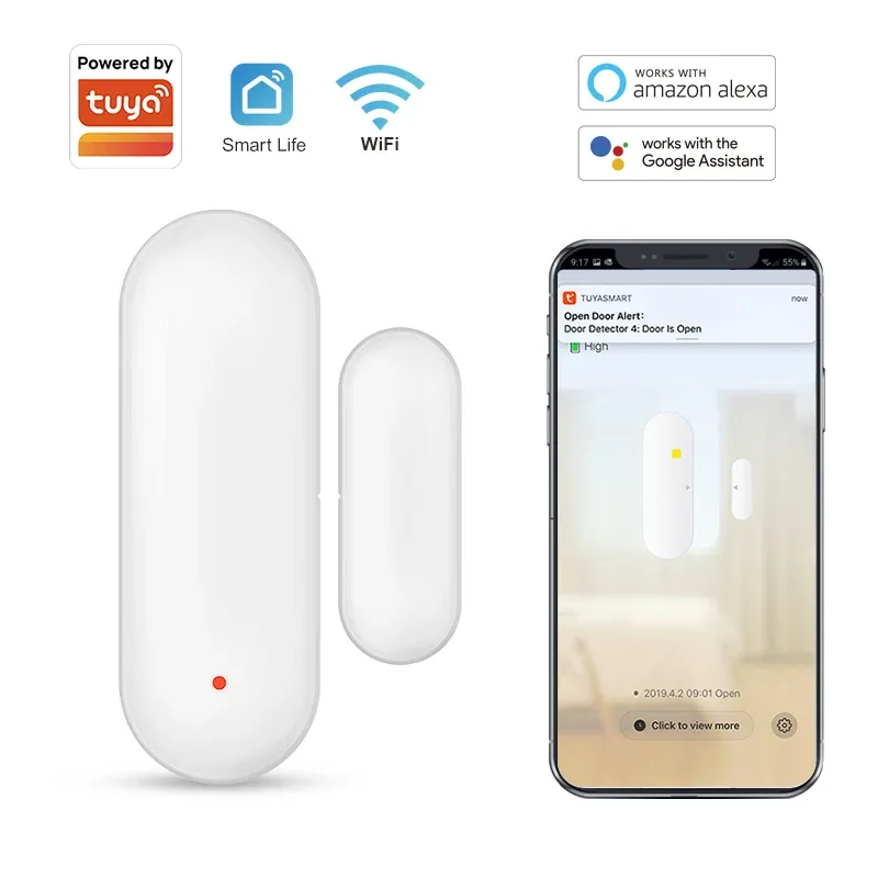 Capteur de porte WiFi Tuya Smart, détecteur d'ouverture et de fermeture pour maison connectée, contrôle via l'application Smartlife, notifications, compatible avec Alexa et Google Home
