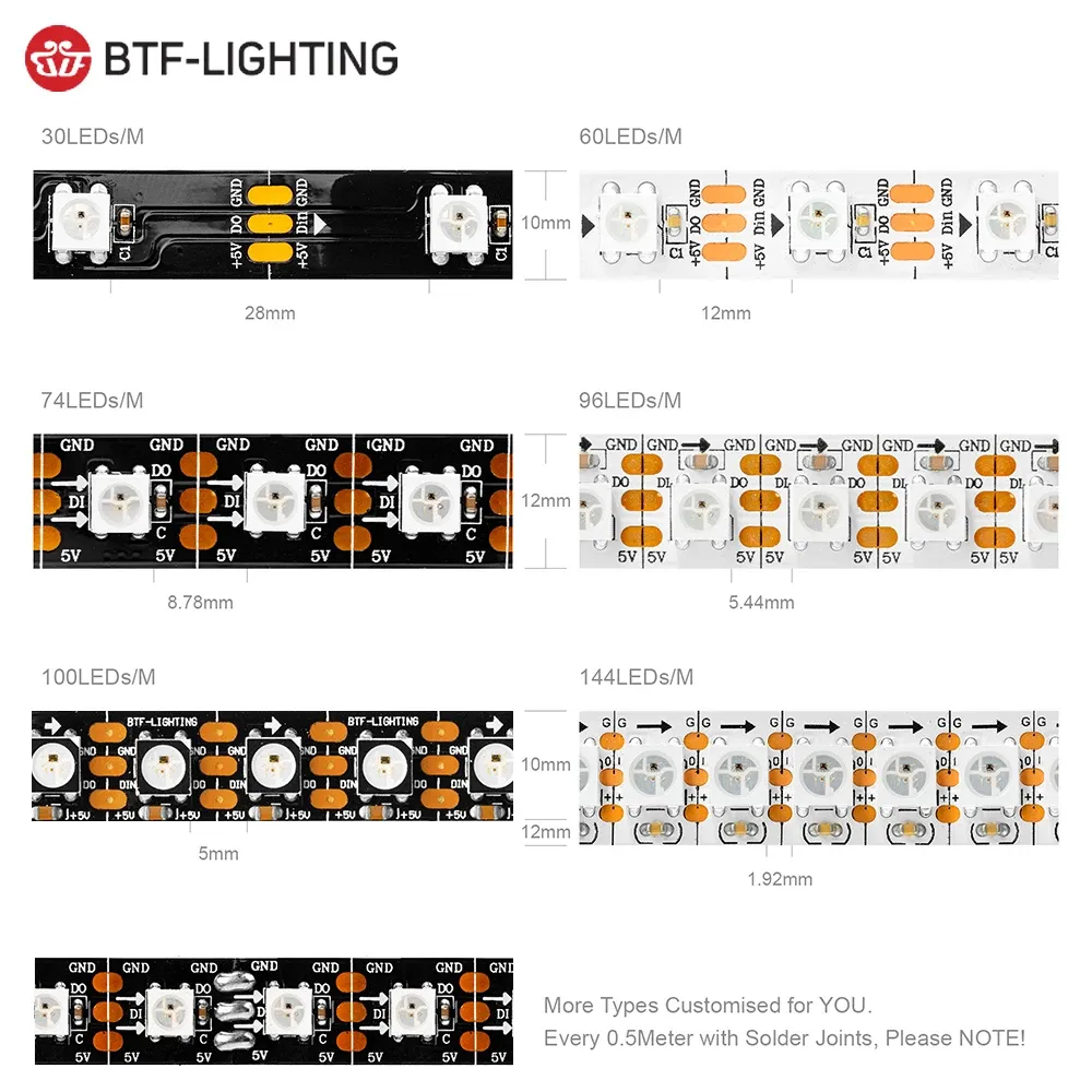 Bande LED RVB adressable intelligente à pixels, noire ou blanche, PCB, IP30/IP65/IP67, WS2812B, 5 V CC 4