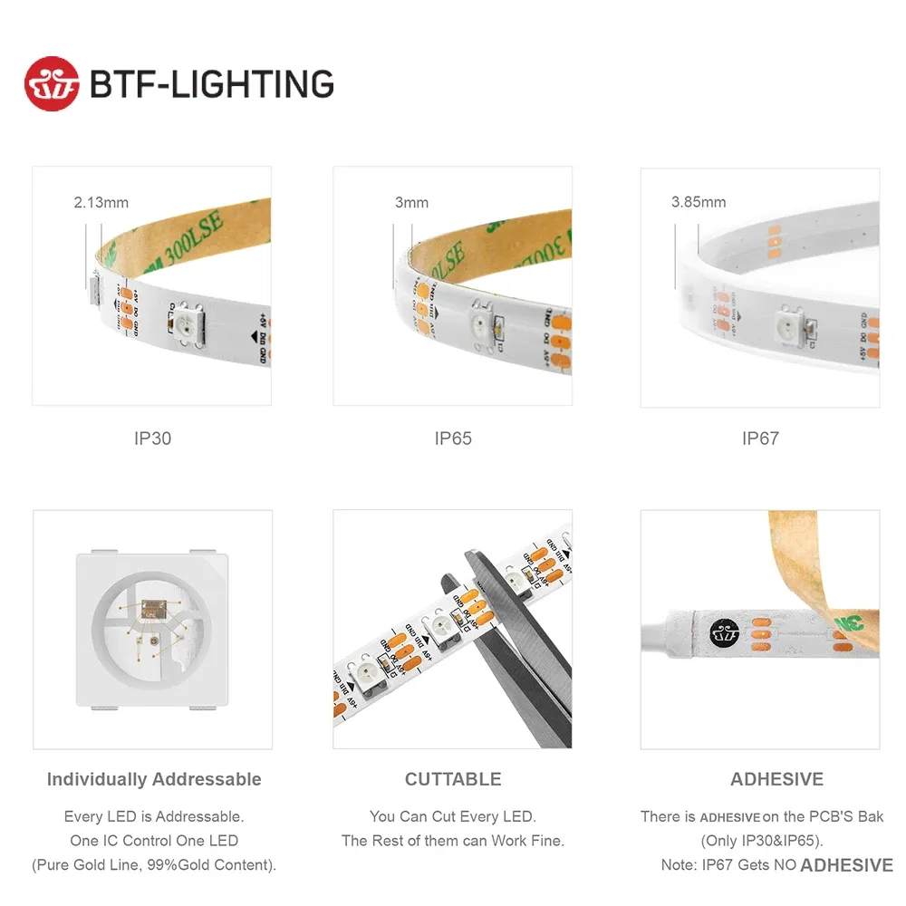 Bande LED RVB adressable intelligente à pixels, noire ou blanche, PCB, IP30/IP65/IP67, WS2812B, 5 V CC 5