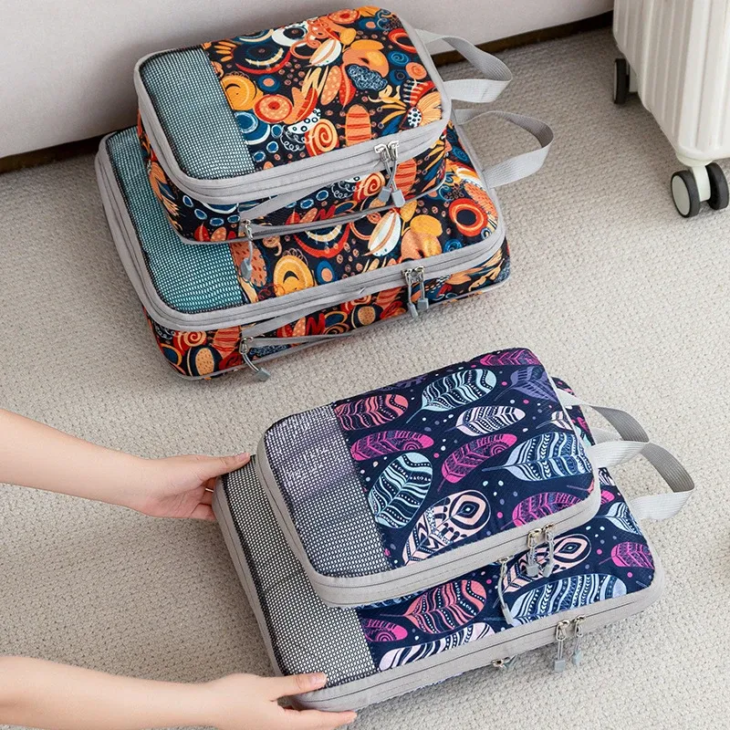 Ensemble de sacs de rangement compressibles, 4 pièces, cubes d'emballage pliables de grande capacité, sacs de rangement extensibles et lavables pour bagages - Image 1
