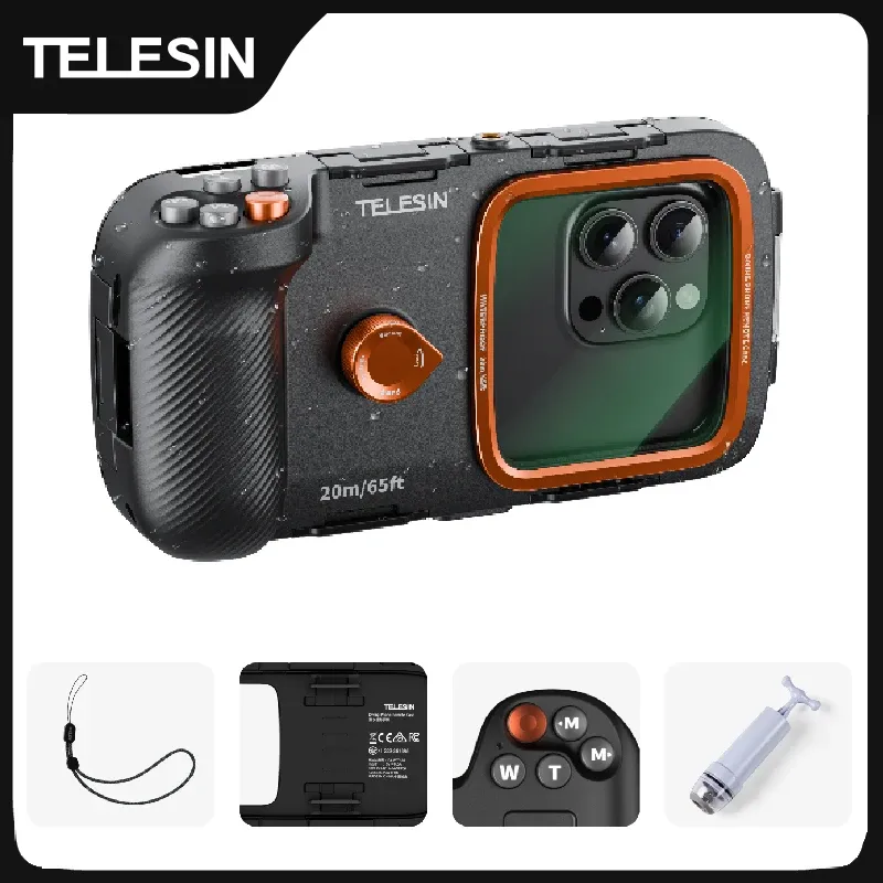 TELESIN Coque étanche universelle pour smartphone, boîtier de plongée avec poignée de stabilisation et télécommande - Image 1