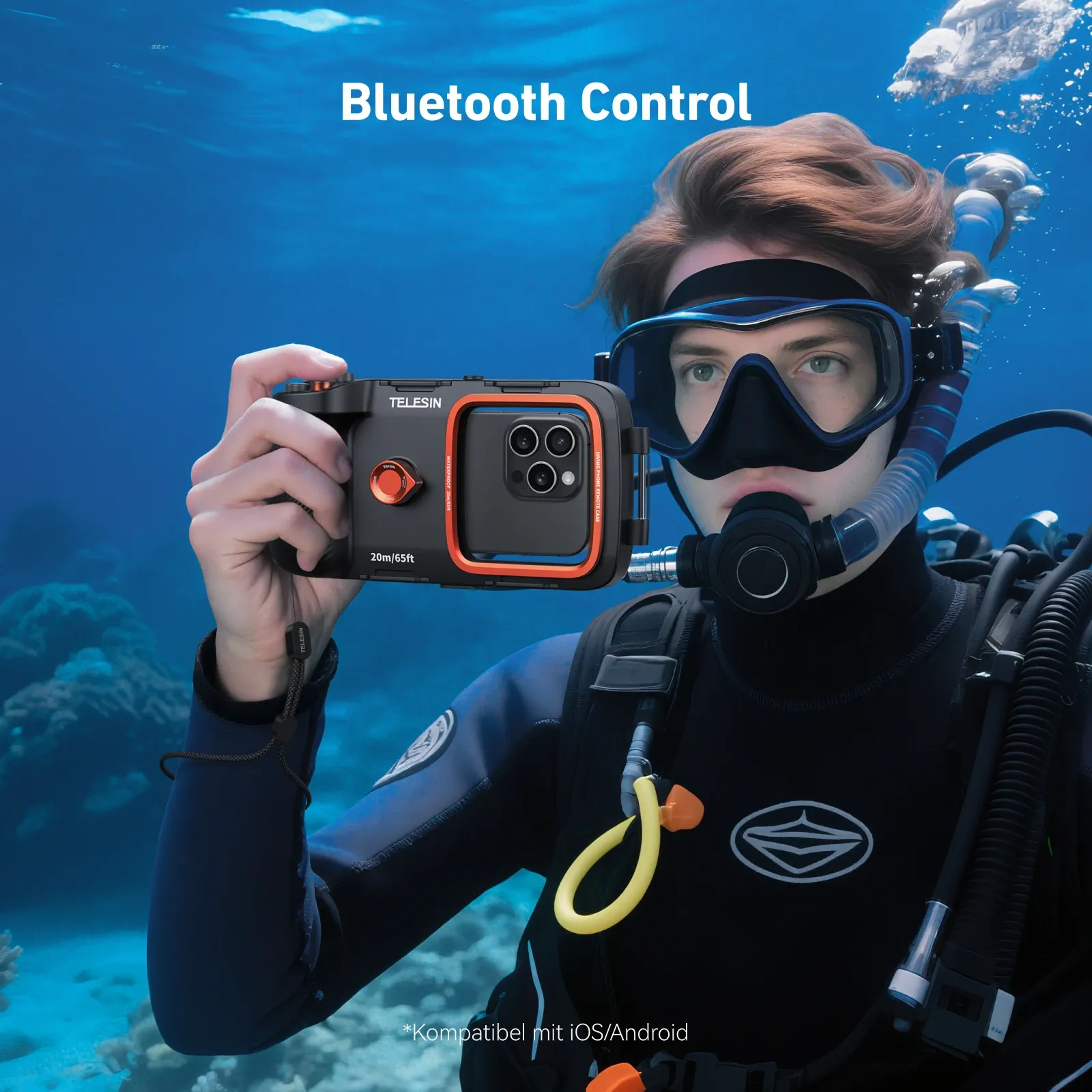 TELESIN Coque étanche universelle pour smartphone, boîtier de plongée avec poignée de stabilisation et télécommande 5
